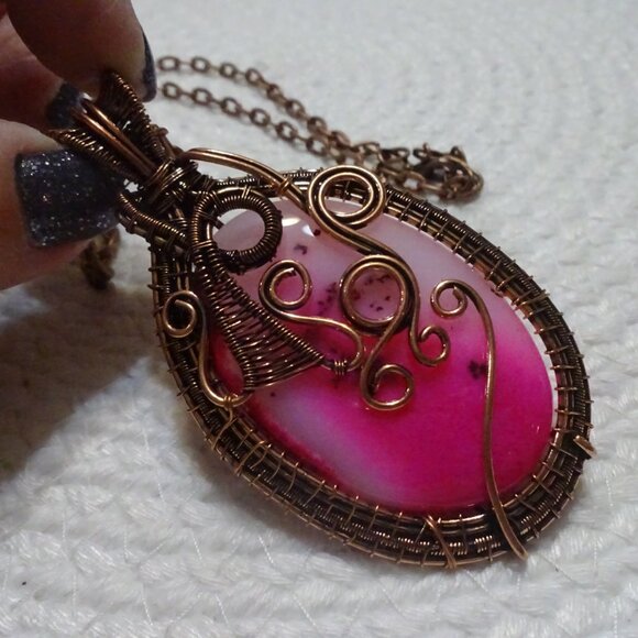 Gorgeous PINK DENDRITE OPAL Handmade COPPER WIRE-WRAPPED Pendant/Chain #19D - Picture 3 of 3